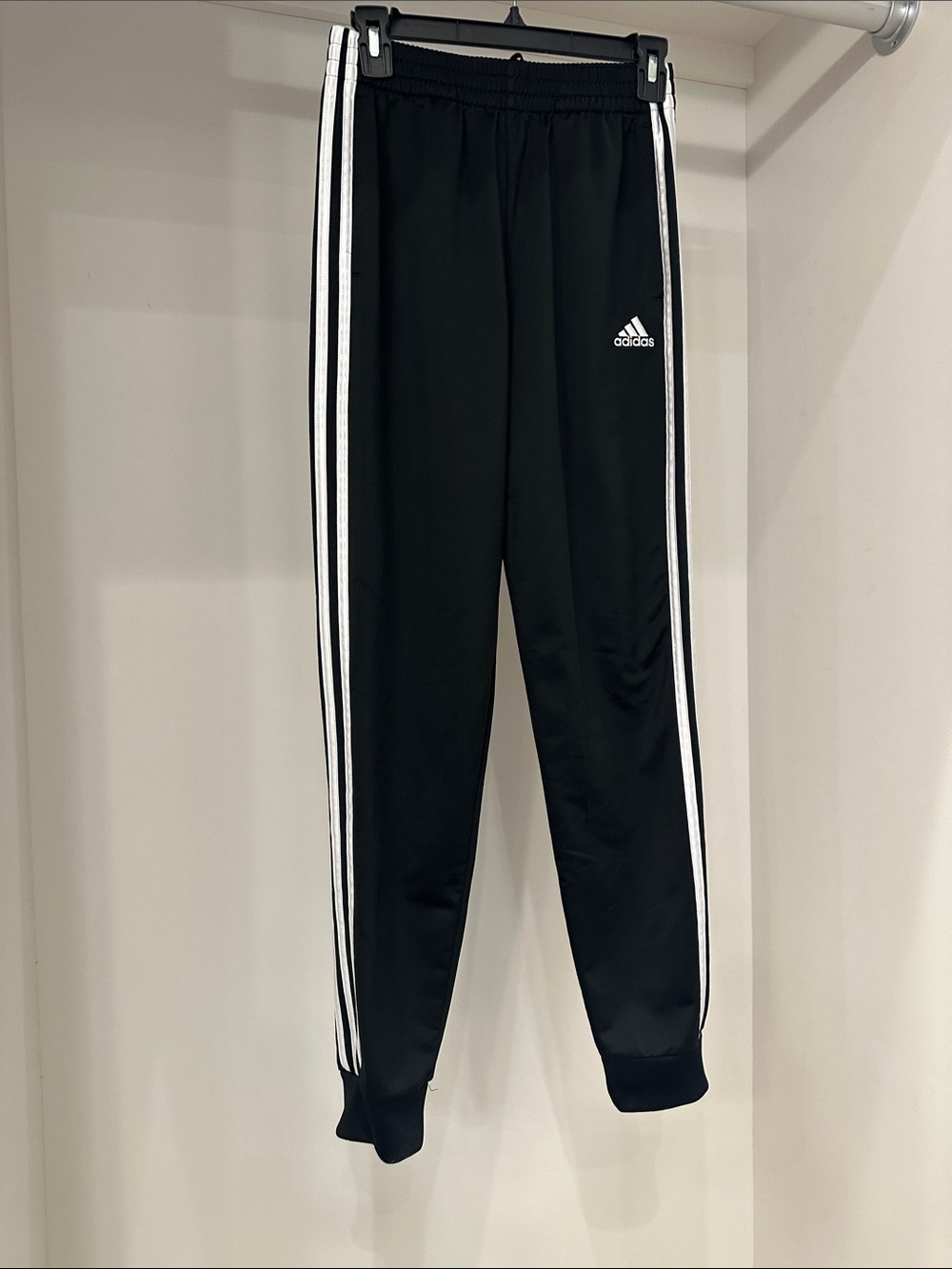 Adidas boys size 14-16 large Black Track Pants with White Stripes. Like new